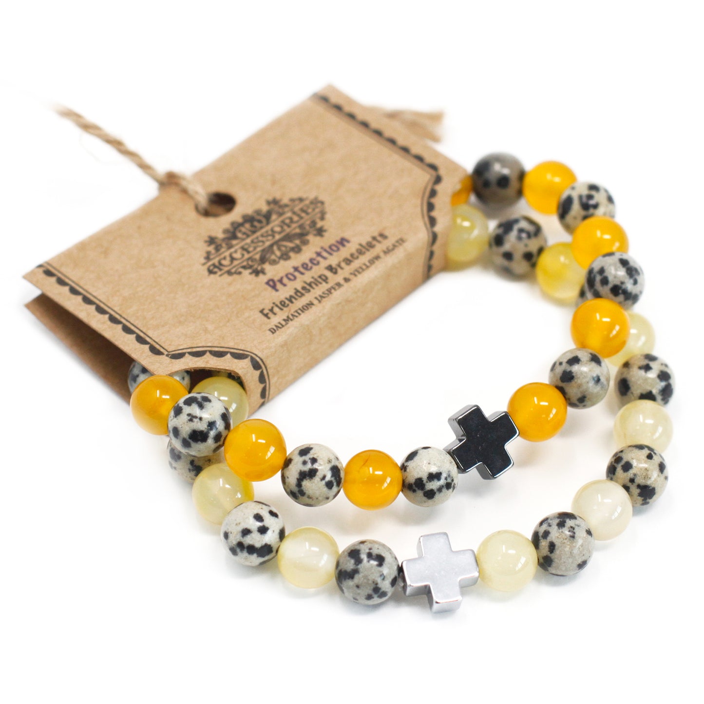 Two pack friendship dalmatian jasper yellow agate bracelets