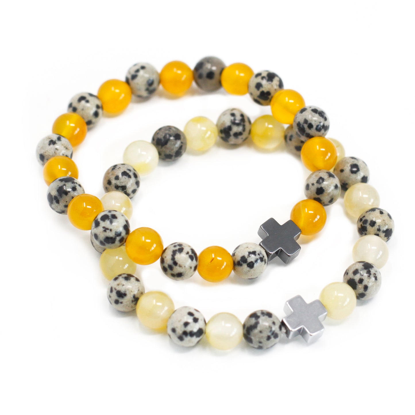 Two pack friendship dalmatian jasper yellow agate bracelets