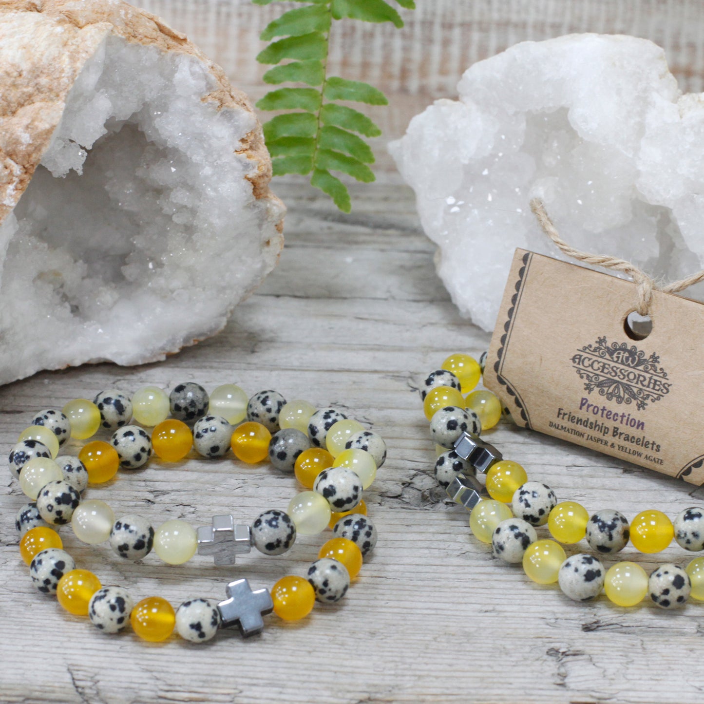 Two pack friendship dalmatian jasper yellow agate bracelets