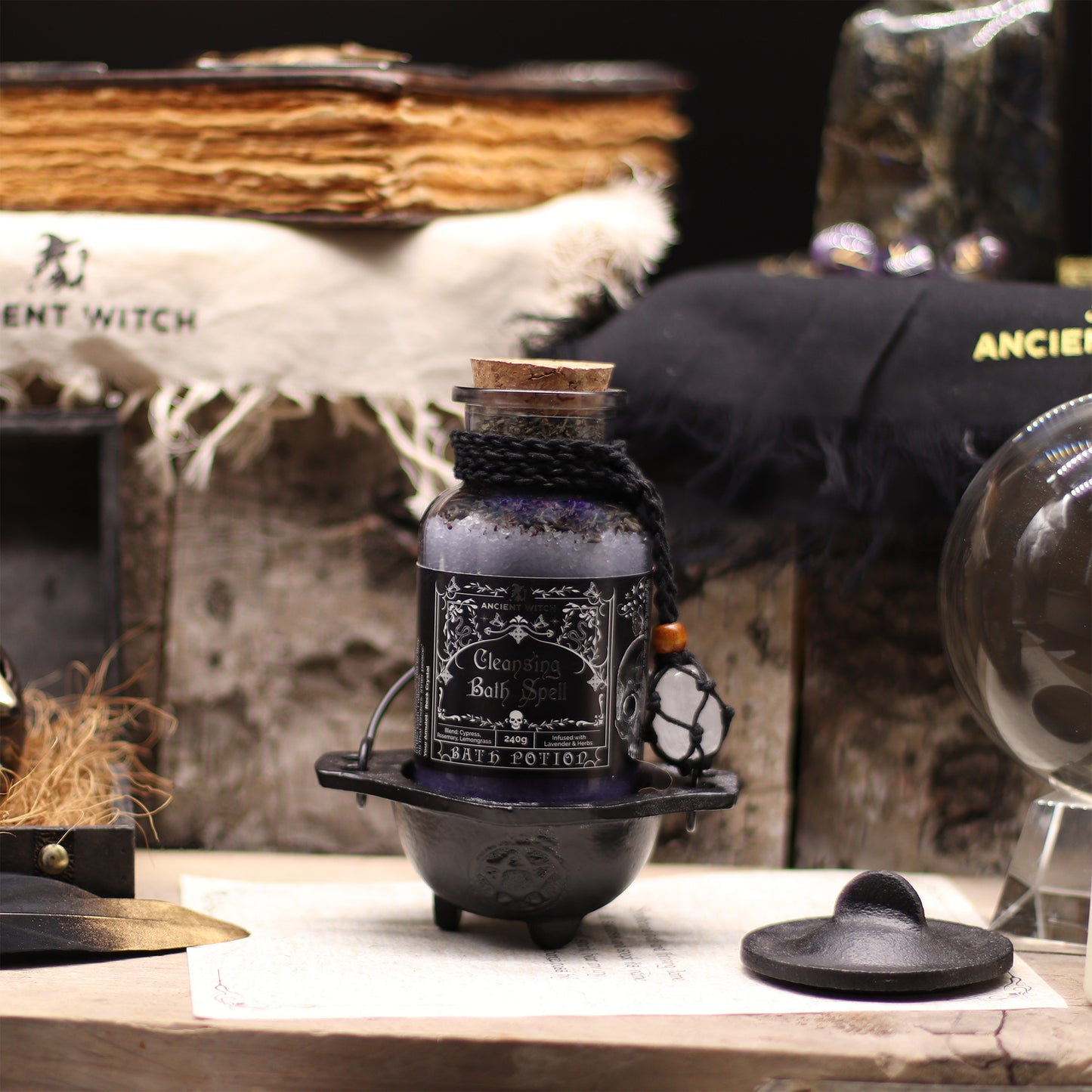 Ancient Witch Bath Spell Potion & Quartz Amulet - Cleansing