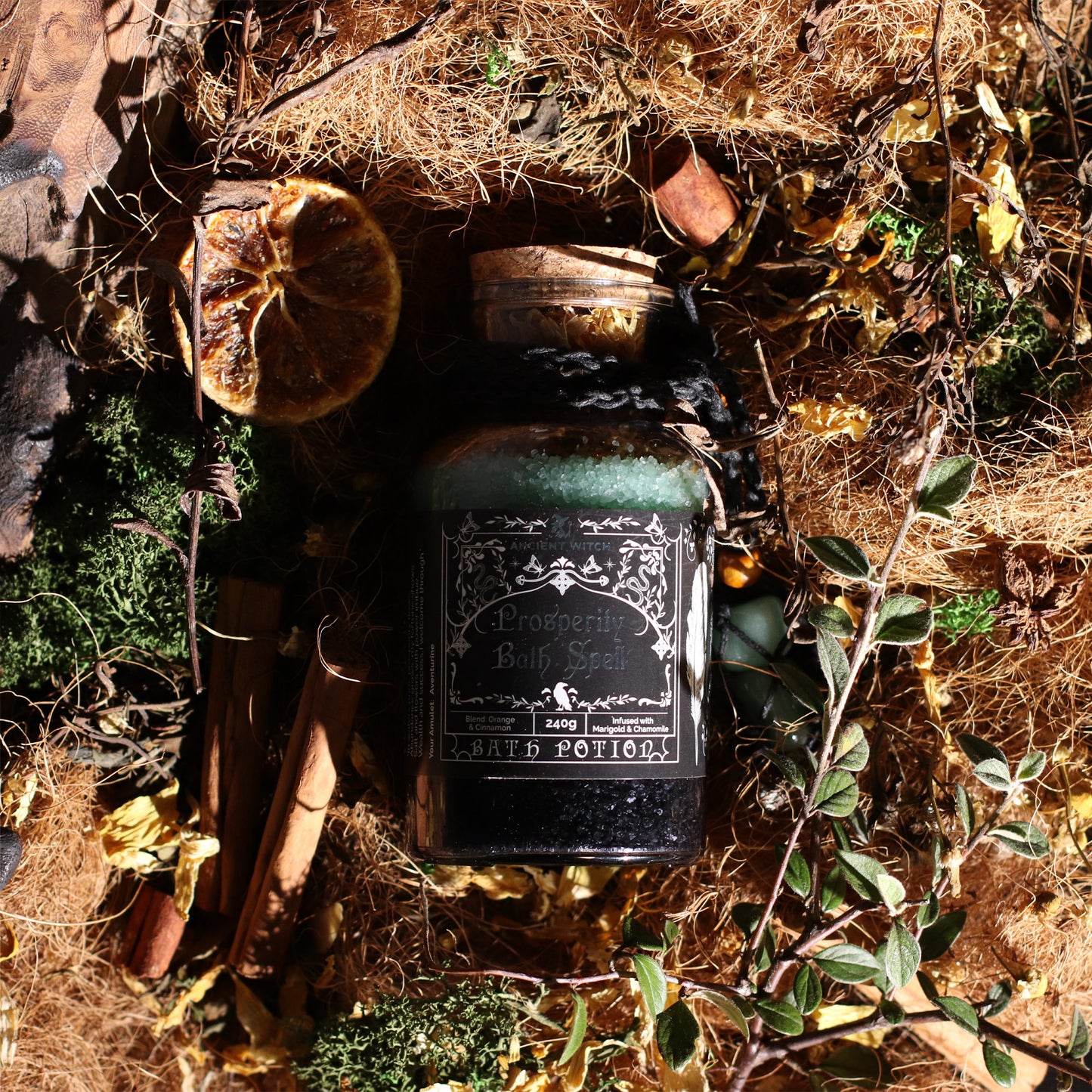 Ancient Witch Bath Spell Potion & Aventurine Crystal Amulet - Prosperity