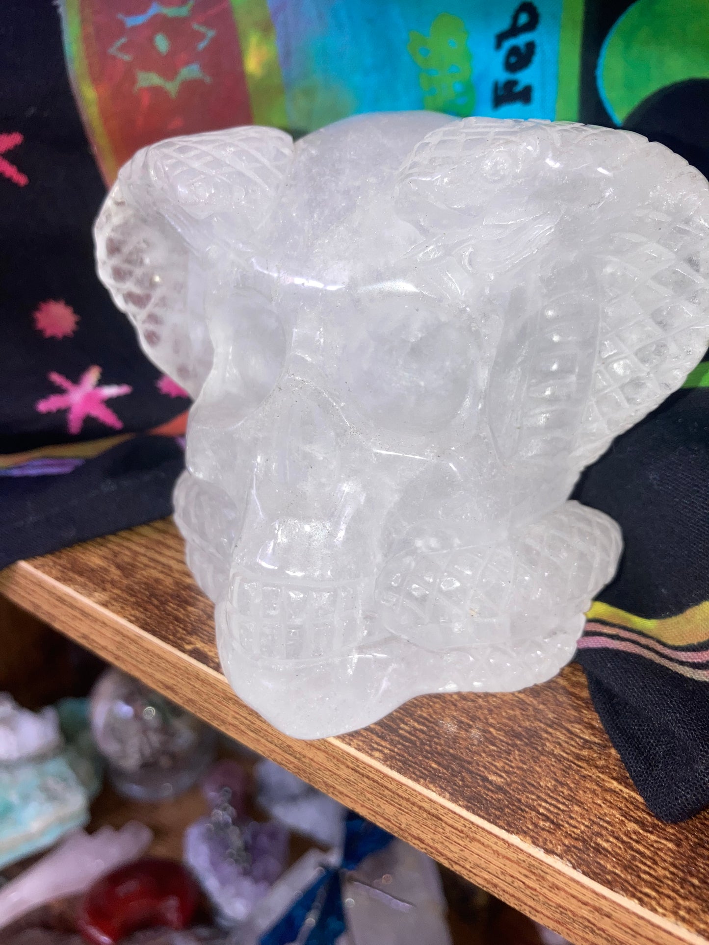 Clear Quartz Skull With Snakes Carving