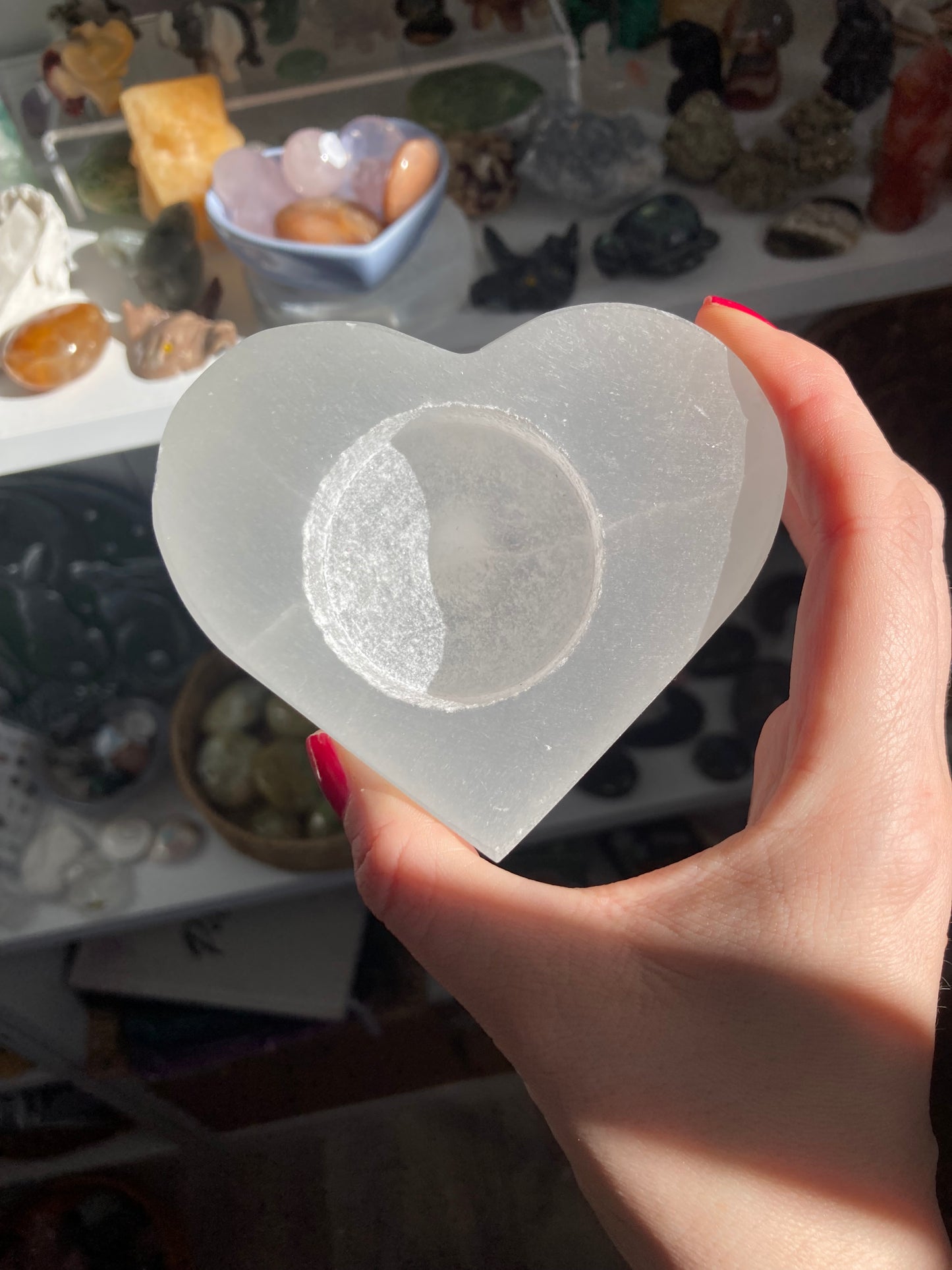 Selenite heart tea light holder
