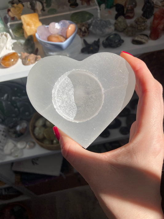 Selenite heart tea light holder
