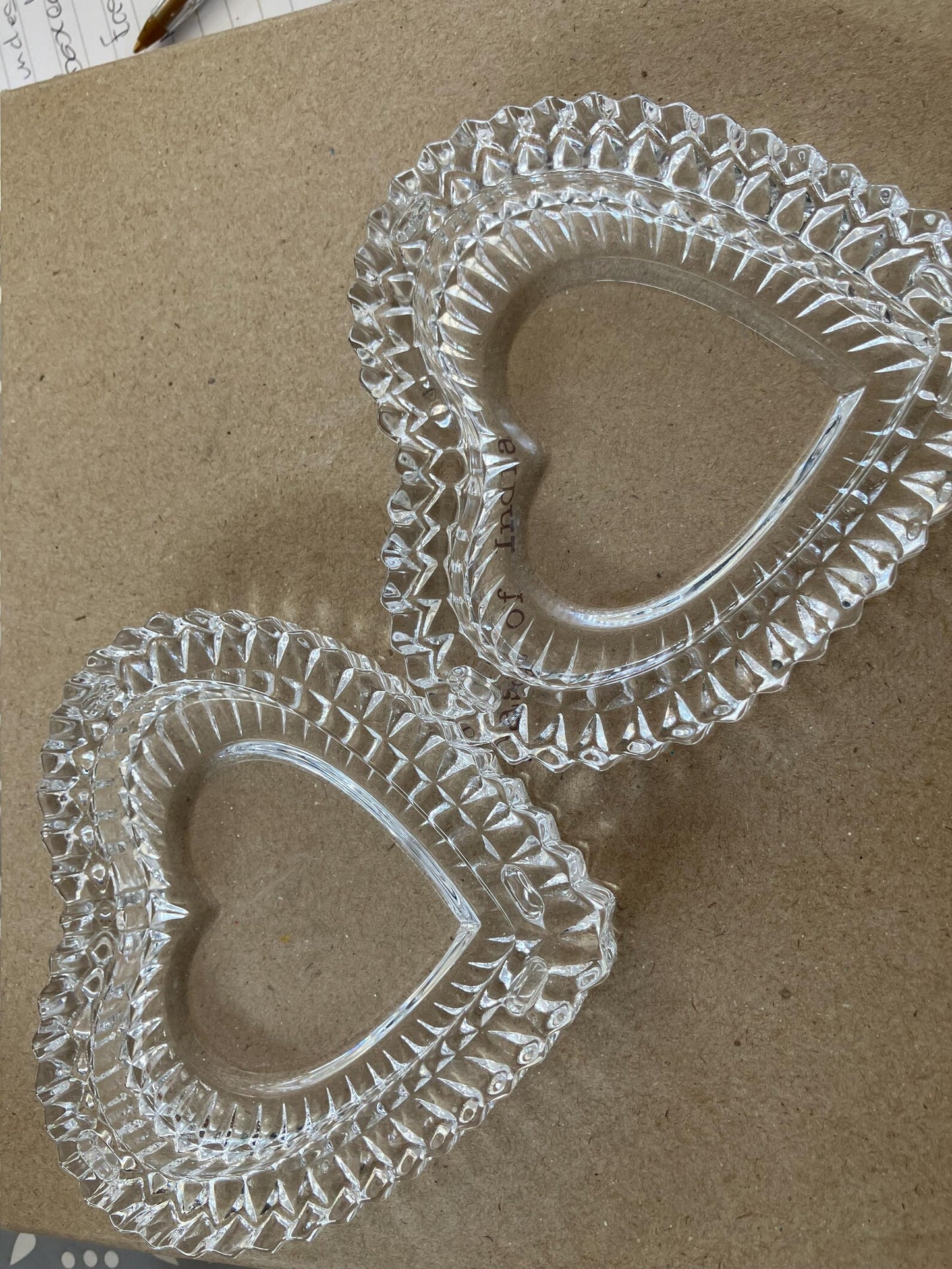 Glass heart shaped Trinket dishes pair