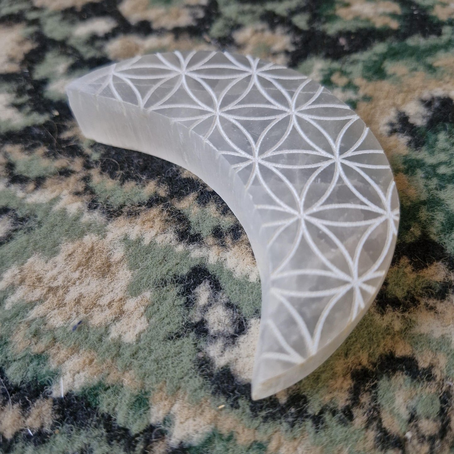 Selenite Crescent Moon with Mandala Geometric Engraving, spiritual, new age, crystals, witchy, pagan
