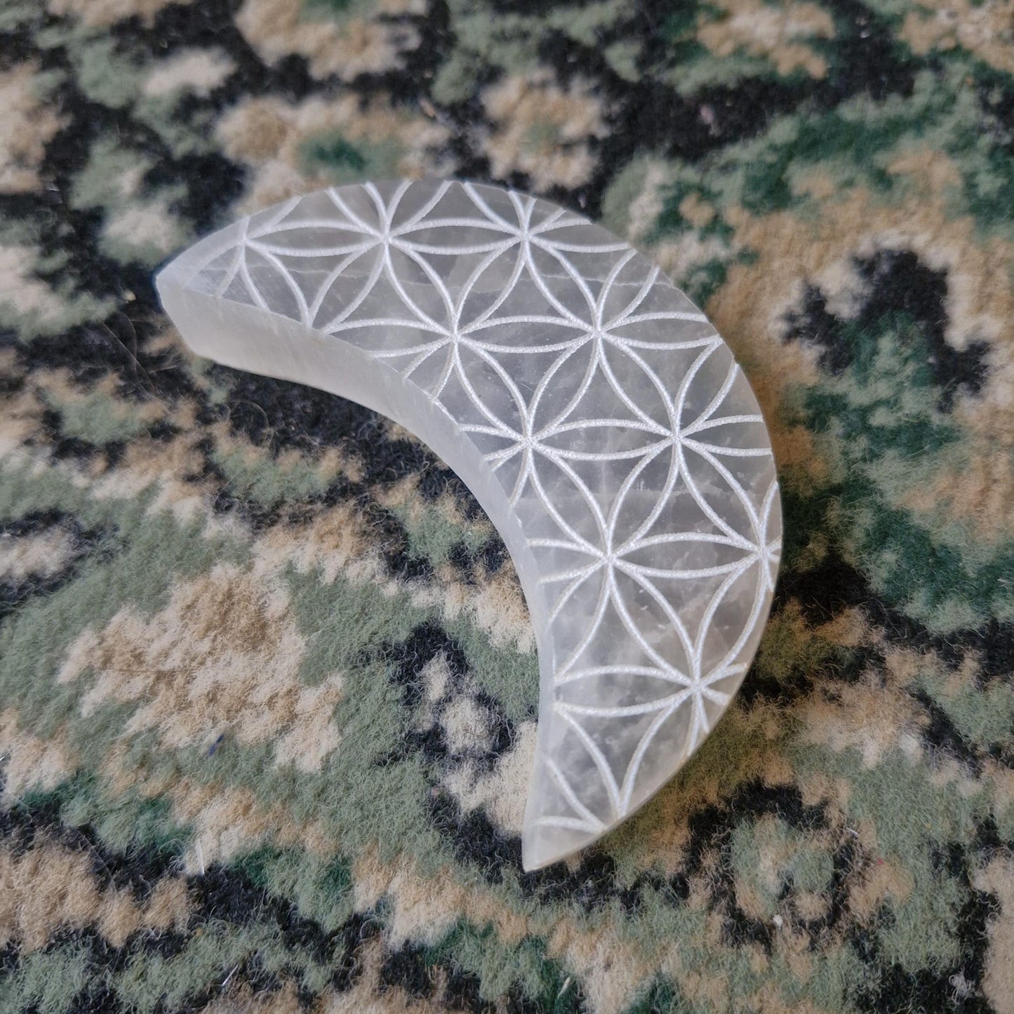 Selenite Crescent Moon with Mandala Geometric Engraving, spiritual, new age, crystals, witchy, pagan