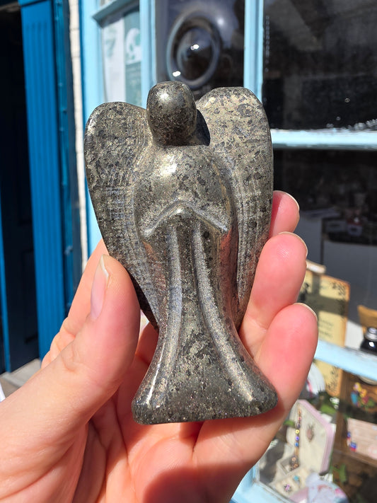 Pyrite crystal Angel carving