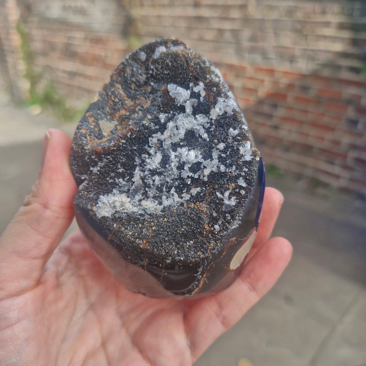 Septarian Cut Base Free Standing Geode Egg with Calcite Inclusions 420g