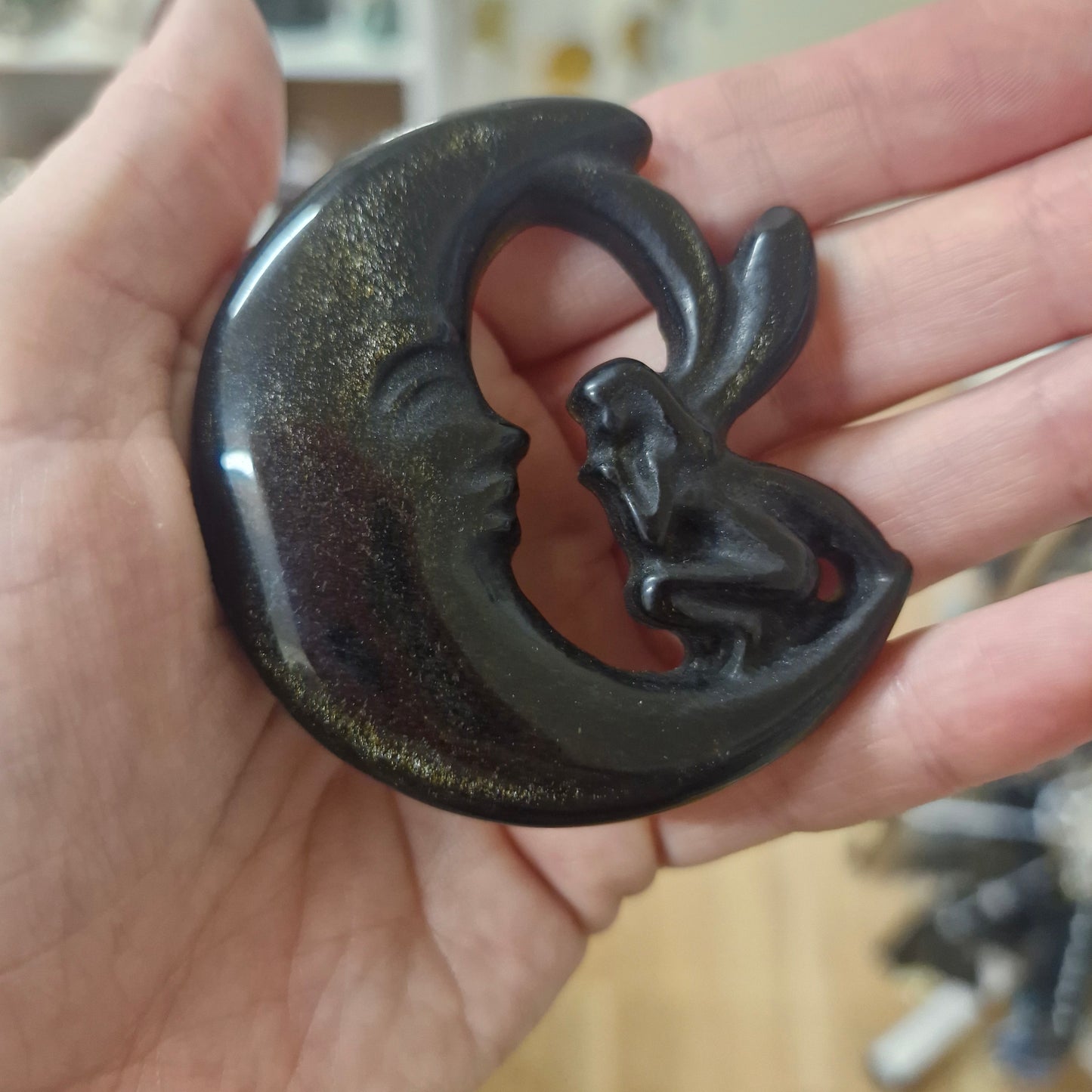 Gold Sheen Obsidian Fairy Moon Carving
