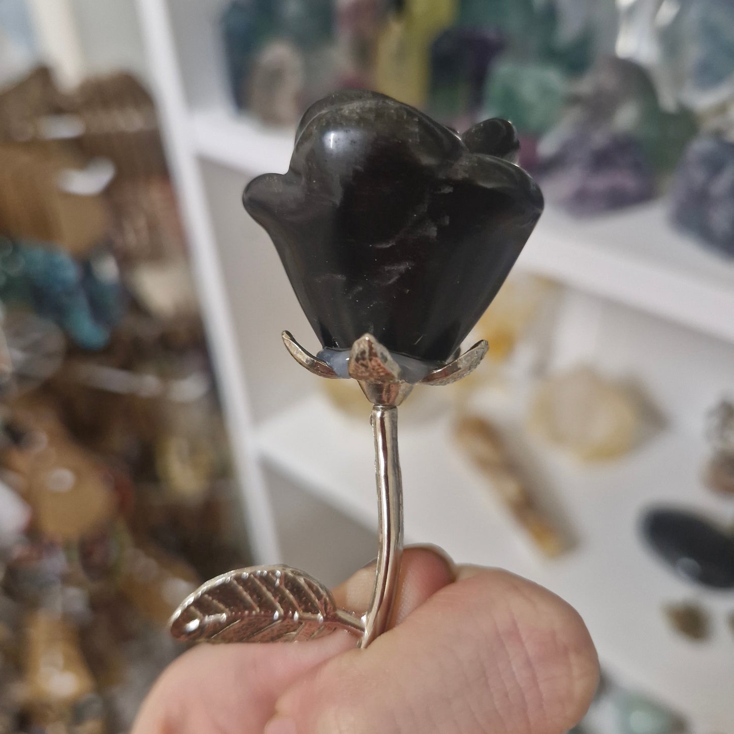 Obsidian Rose on Metal stem carving