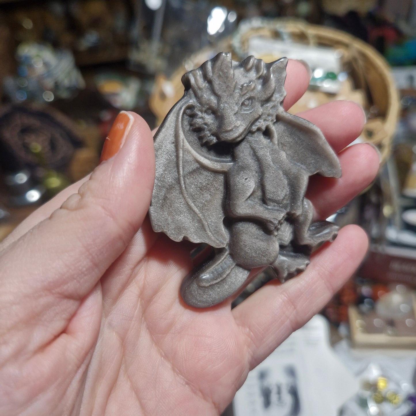 Silver Sheen Obsidian Dragon Carving