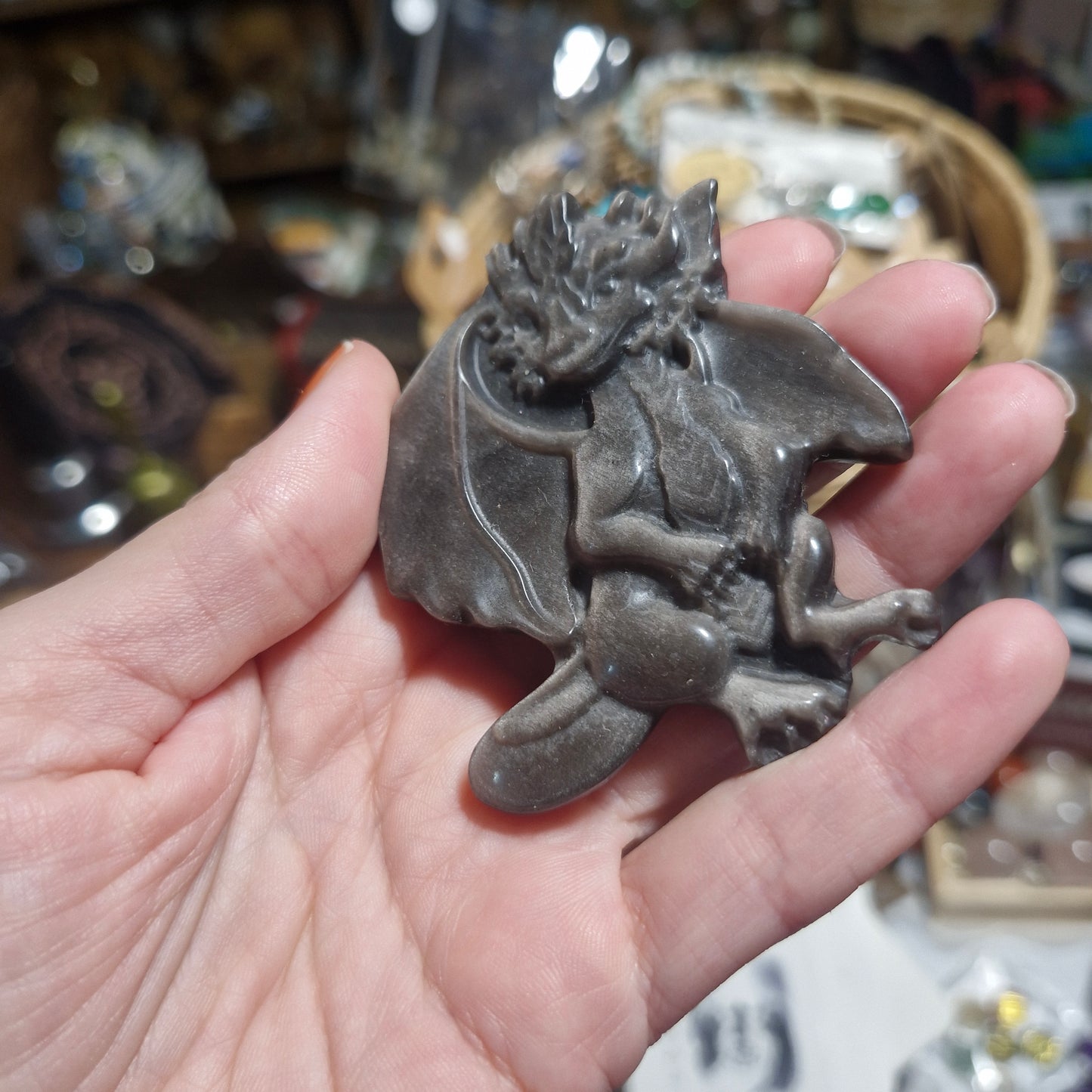 Silver Sheen Obsidian Dragon Carving