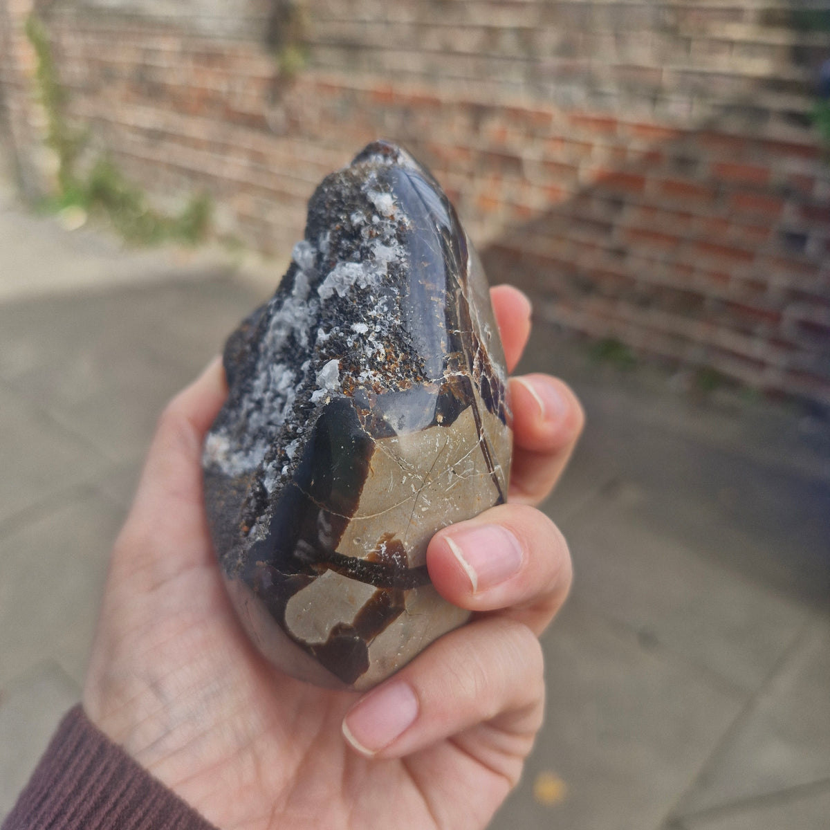 Septarian Cut Base Free Standing Geode Egg with Calcite Inclusions 420g