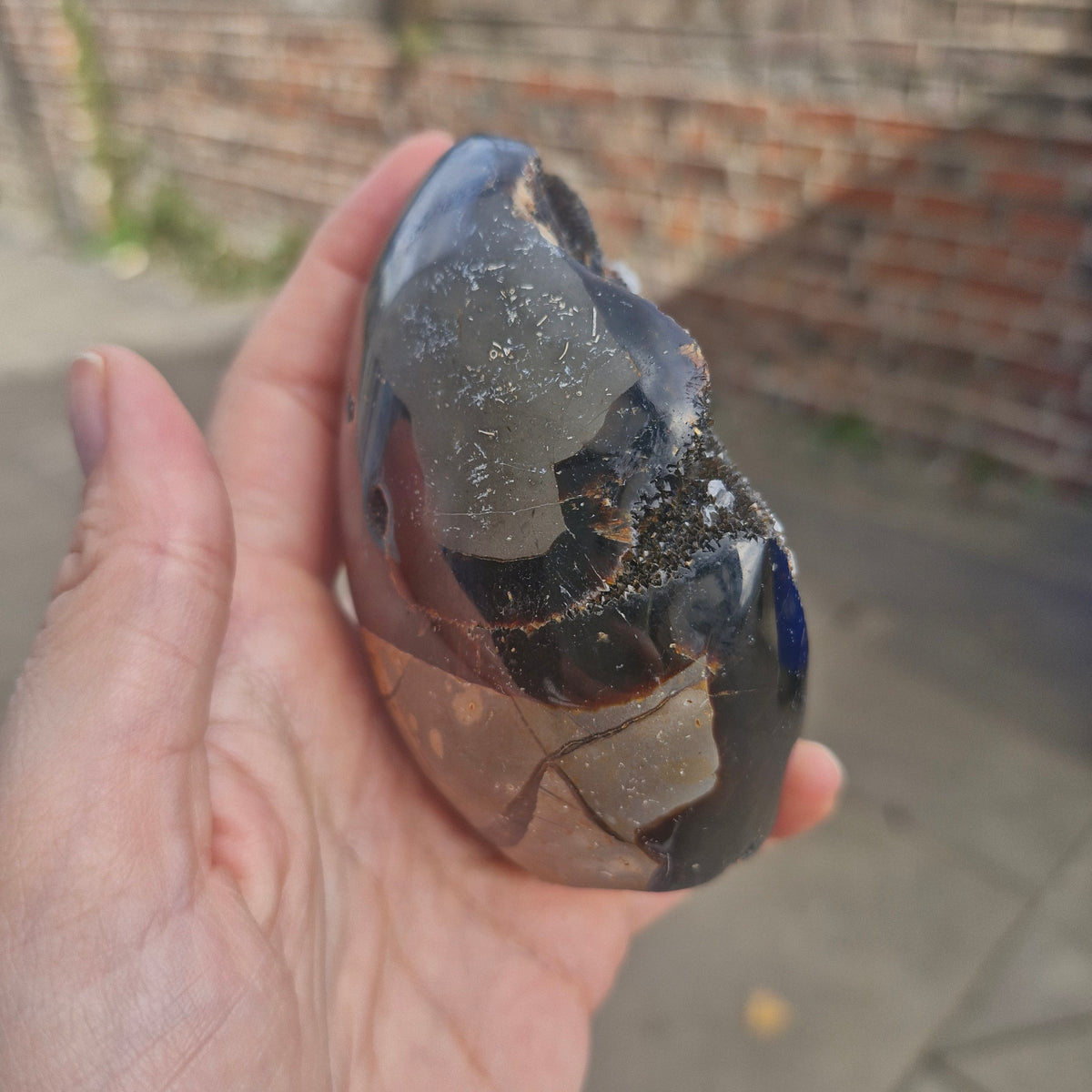 Septarian Cut Base Free Standing Geode Egg with Calcite Inclusions 420g
