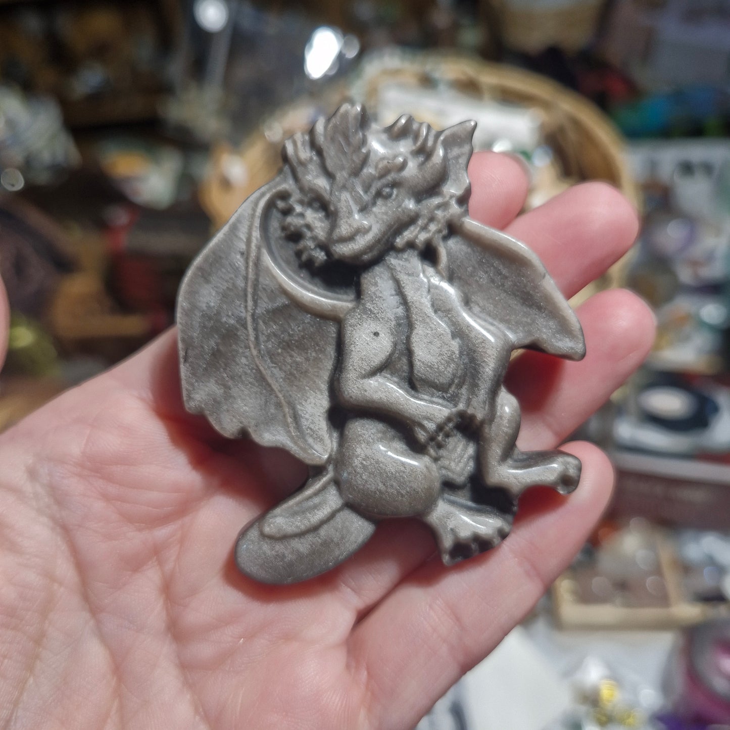 Silver Sheen Obsidian Dragon Carving