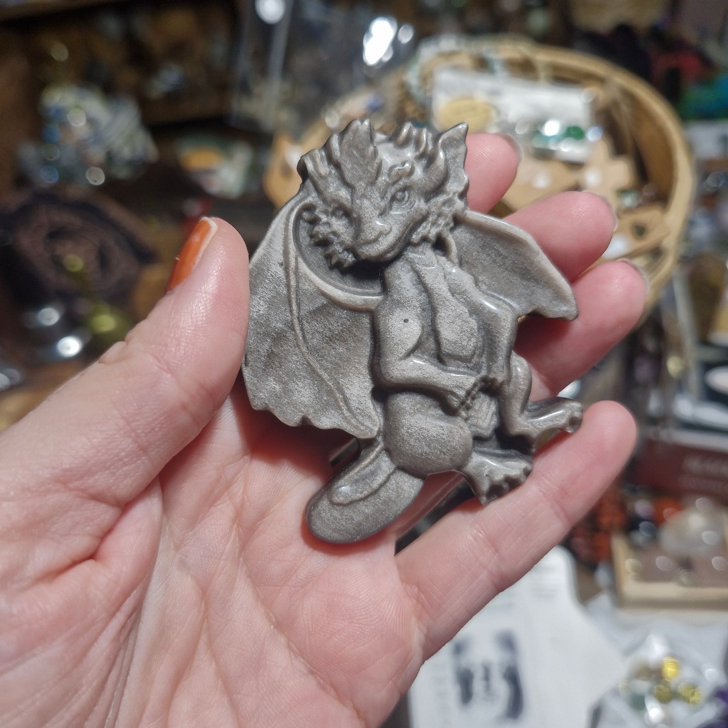 Silver Sheen Obsidian Dragon Carving