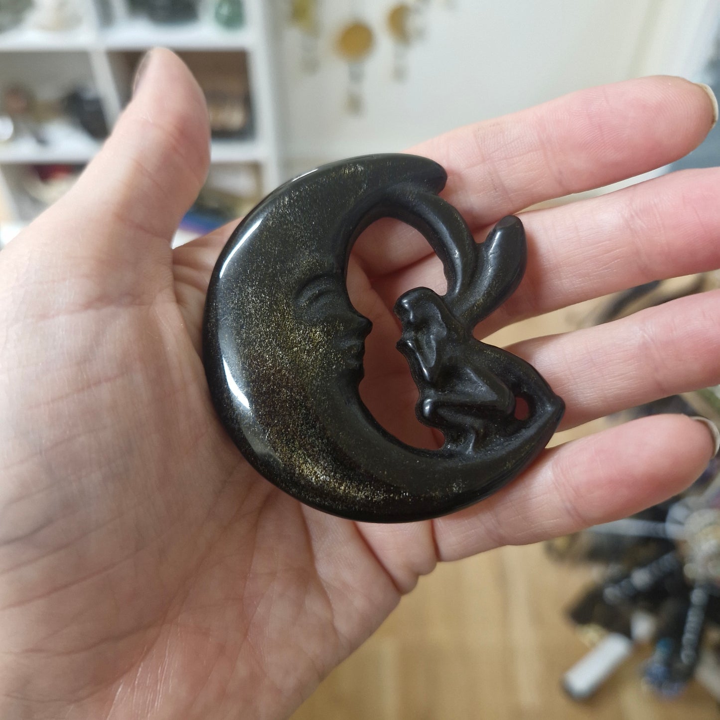 Gold Sheen Obsidian Fairy Moon Carving