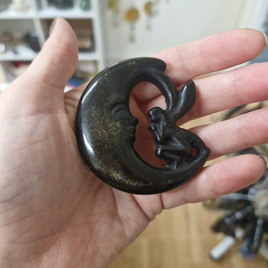 Gold Sheen Obsidian Fairy Moon Carving