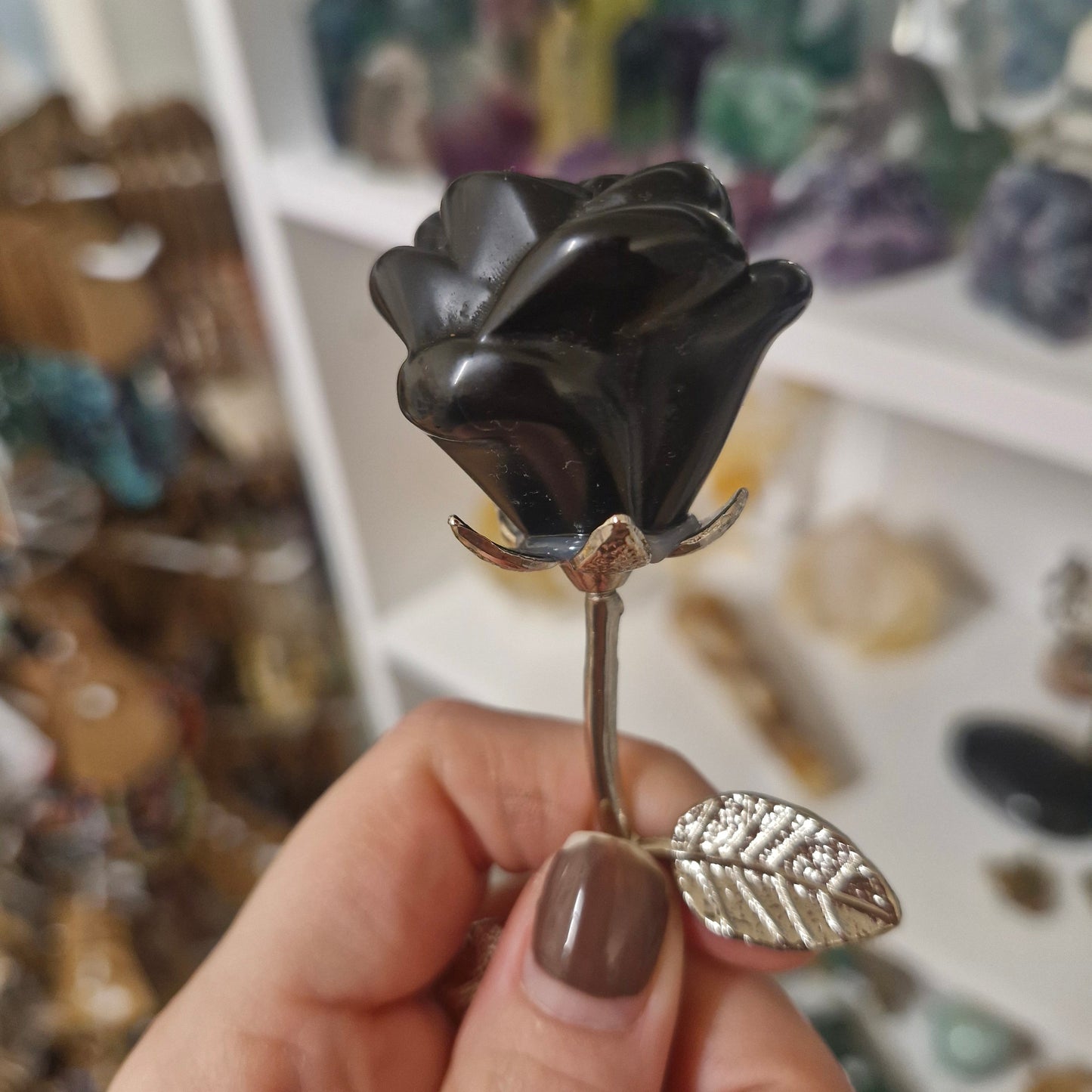 Obsidian Rose on Metal stem carving