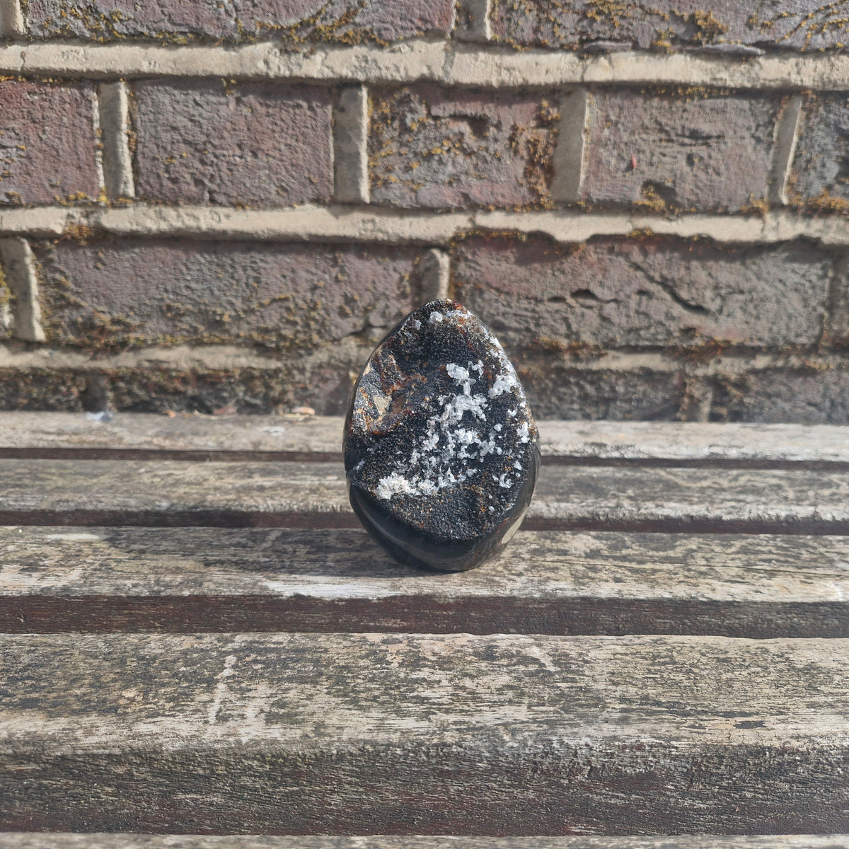 Septarian Cut Base Free Standing Geode Egg with Calcite Inclusions 420g
