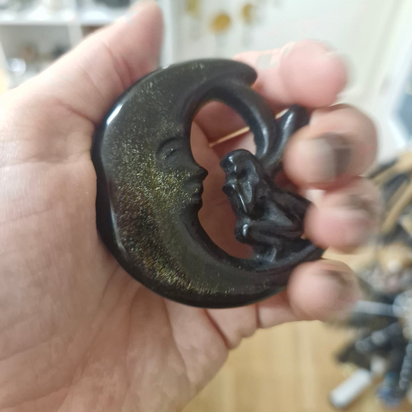 Gold Sheen Obsidian Fairy Moon Carving